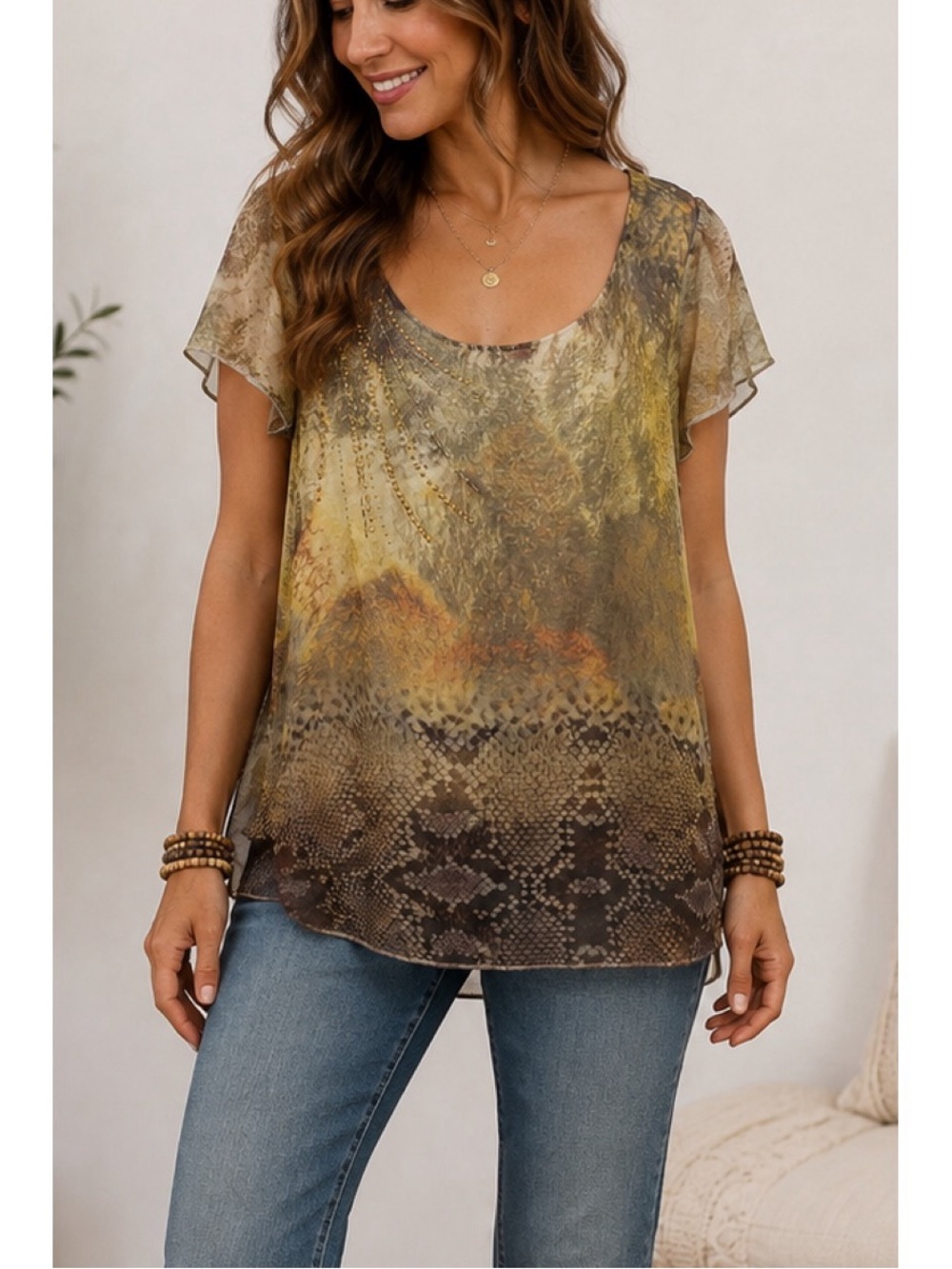 Apt. 9 women’s flowy top featuring a soft earthy-toned abstract & reptile print